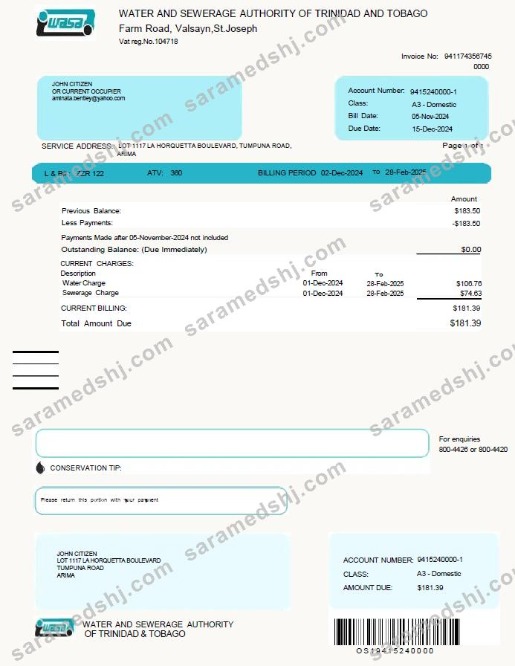 Trinidad and Tobago WASA utility bill template in Word and PDF formats